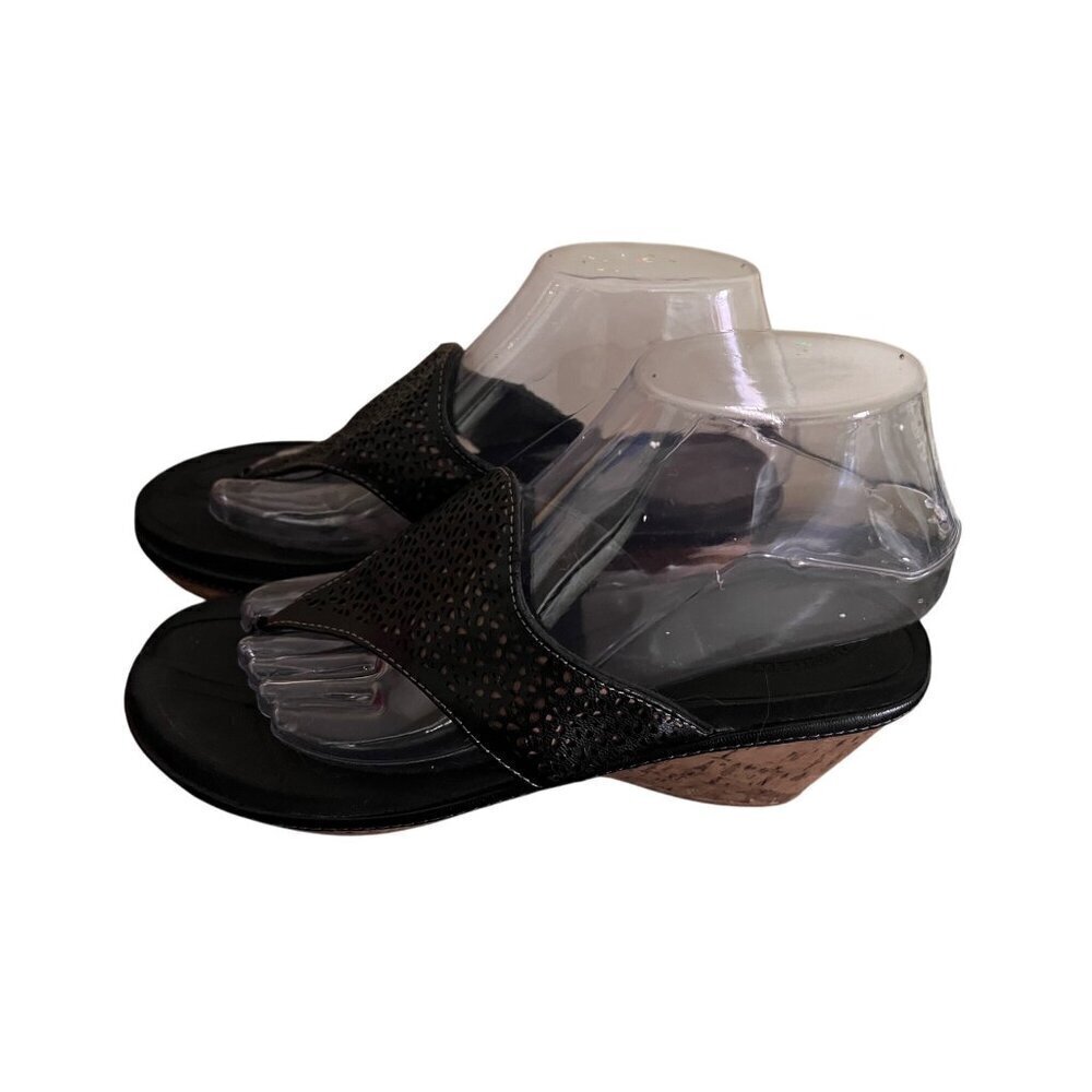 Dr. Scholls Womens Black‎ Wedge Sandals With Perforated Strap & Cork Heel